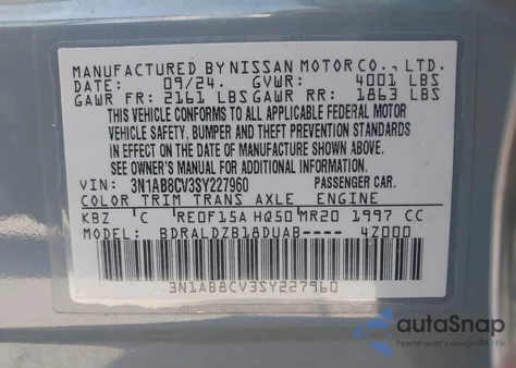 2025 Nissan Sentra Sv z USA, uszkodzony, nr VIN 3N1AB8CV3SY227960